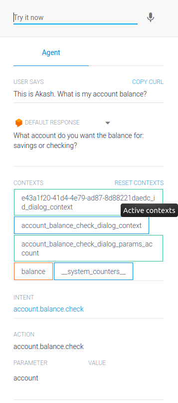 DialogFlow banking chatbot screenshot