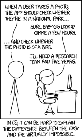 xkcd comic: a user asks for an app that checks whether a photo was taken in a national park ("easy GIS lookup, a few hours") and whether the photo is of a bird ("I'll need a research team and five years")